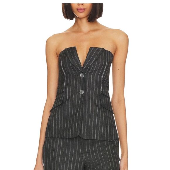 Jonathan Simkhai Billie Bustier Top Sz 6 Grey Pinstripe Modern Menswear Inspired - Picture 1 of 12